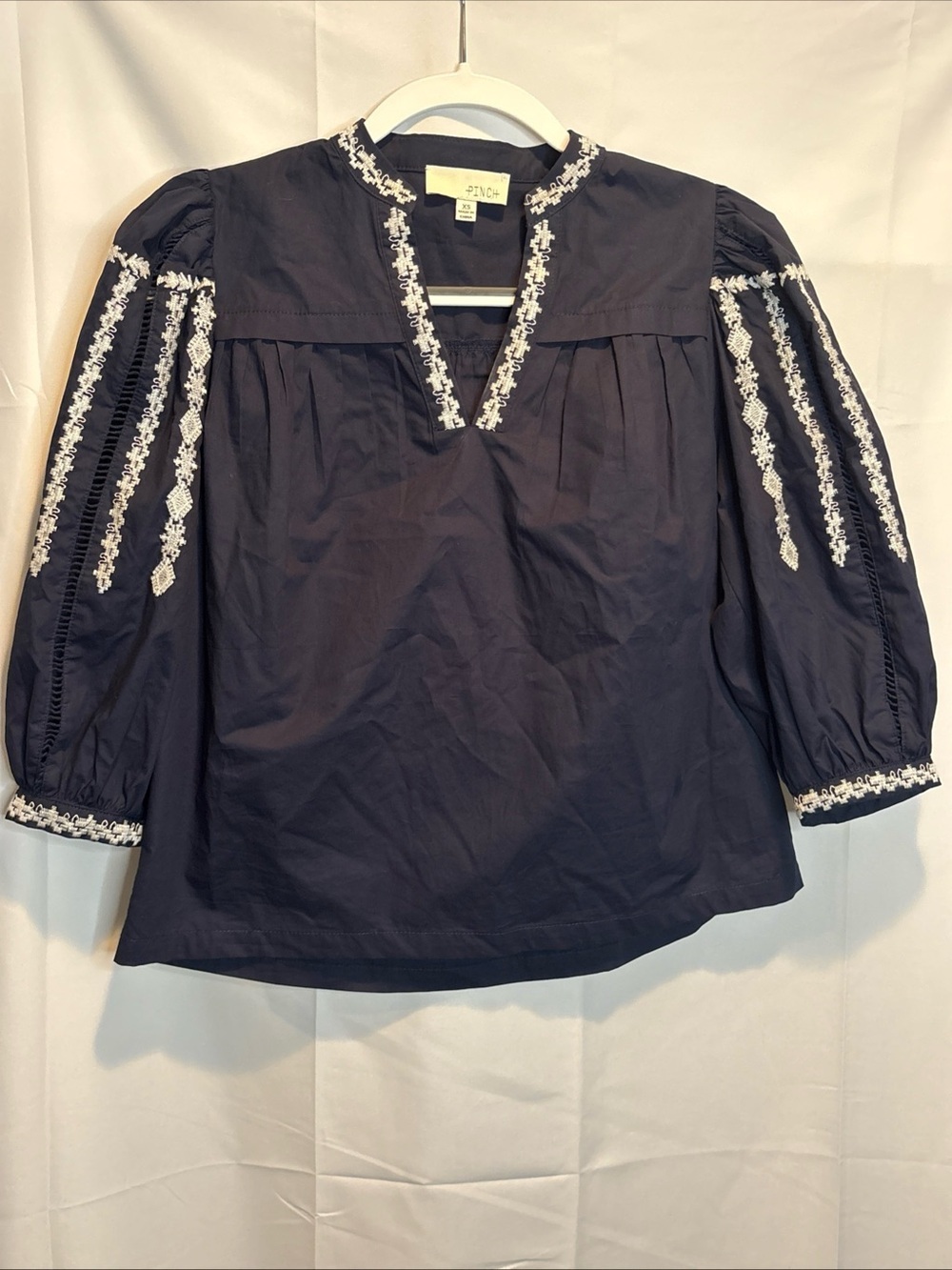 Pinch Navy Blouse with White Embroidered Trim